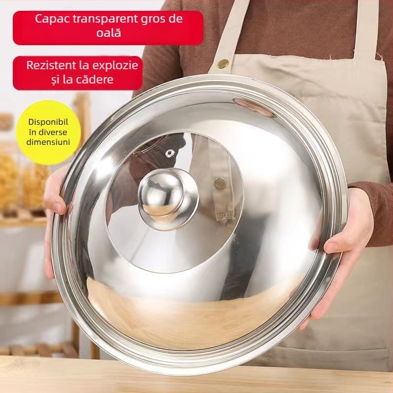 Capac 30-36 cm din oțel inoxidabil nemagnetic, cu sticlă, capac universal tip combinație pentru oale și tigăi