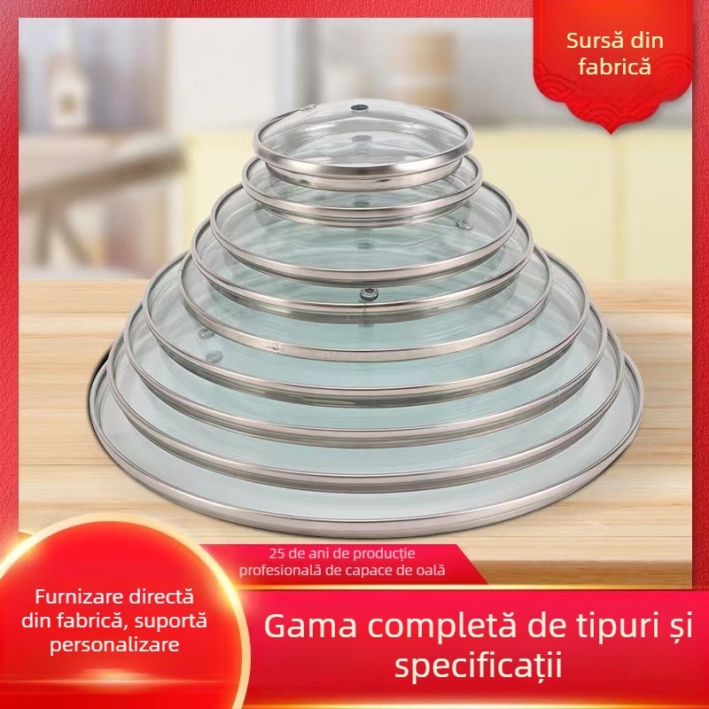 Cap de oală din sticlă temperată, margine din oțel inoxidabil îngroșat, capac rotund, transparent, pentru wok și tigaie, gamă completă de dimensiuni pentru uz casnic