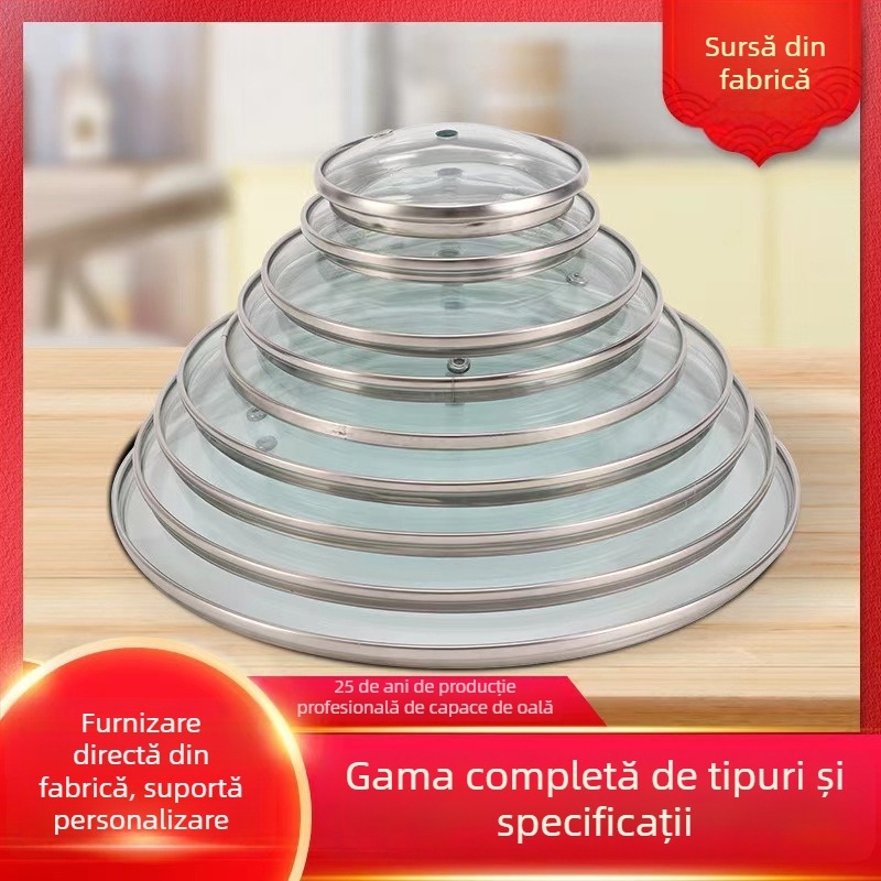 Cap de oală din sticlă temperată, margine din oțel inoxidabil îngroșat, capac rotund, transparent, pentru wok și tigaie, gamă completă de dimensiuni pentru uz casnic
