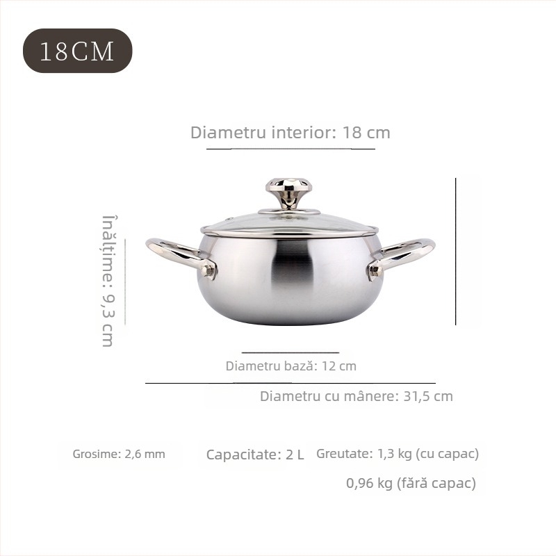 Cookone oțel inoxidabil 18/10, oală de supă în formă de tambur cu model diamant, 2.1–3 L, 304, fund triplu, capac de sticlă