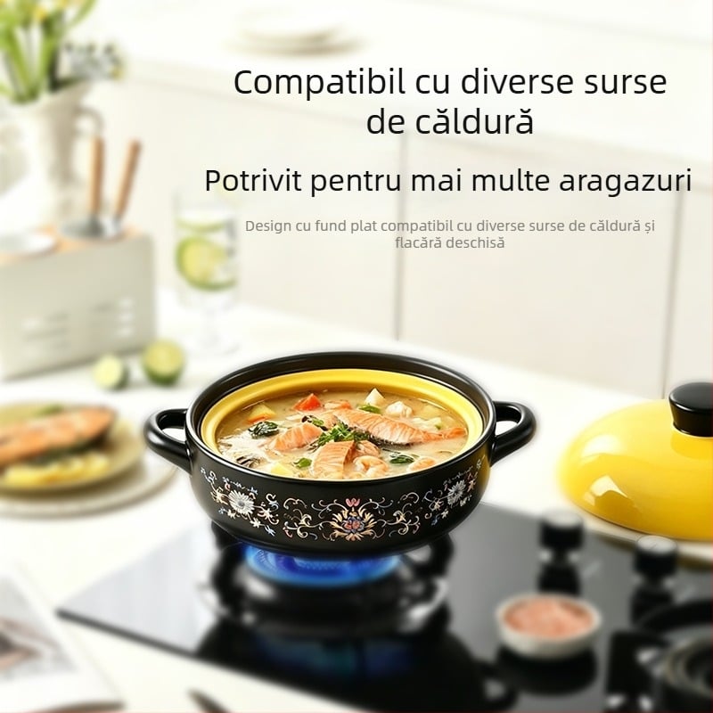 Vas ceramic emailat pentru gătit pe foc deschis, durabil, potrivit pentru orez și supă