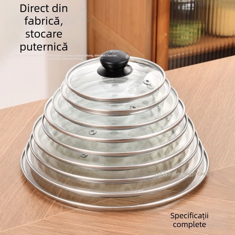 Capac din sticlă temperată tip G, cu margine din oțel inoxidabil, transparent, anti-scurgere, rezistent la temperaturi înalte, capac universal pentru oală