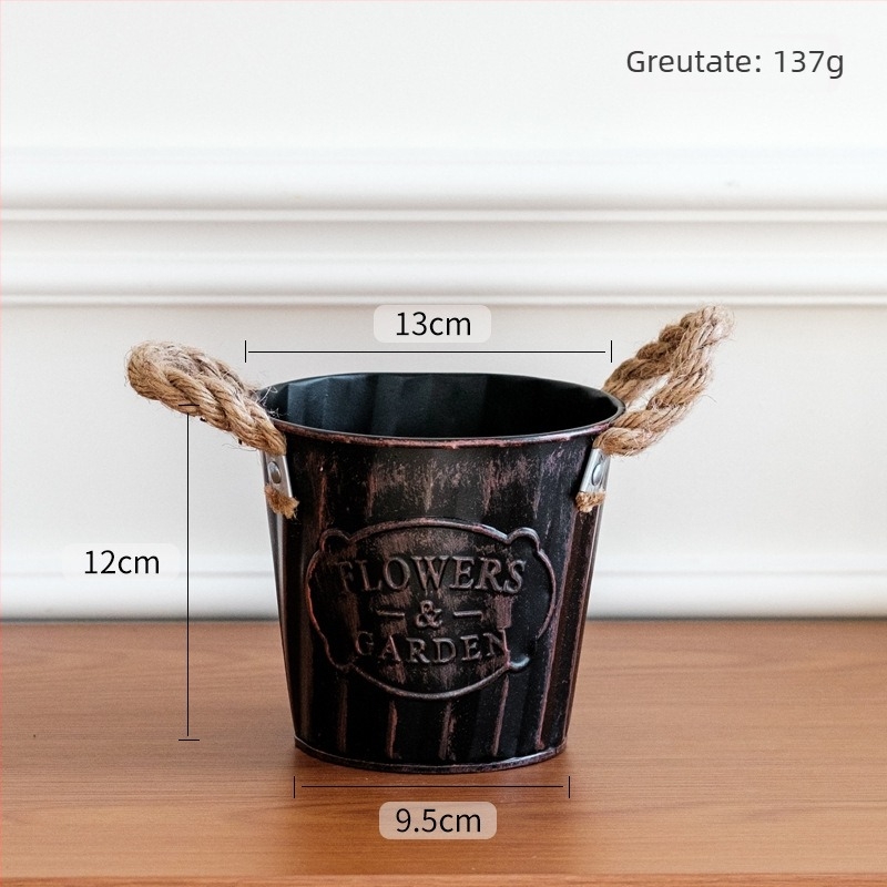 Ghiveci metalic, stil american vintage, cu sfoară de cânepă, dungi verticale, mic ghiveci cilindric pentru balcon și birou, ghiveci pentru suculente, coș decorativ din fier pentru depozitare