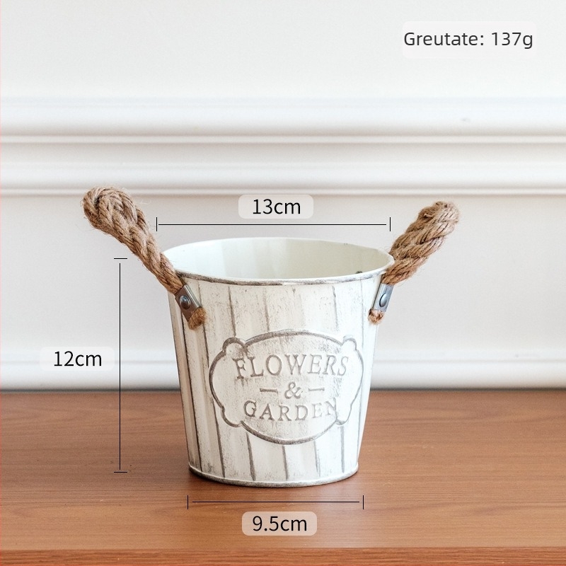 Ghiveci metalic, stil american vintage, cu sfoară de cânepă, dungi verticale, mic ghiveci cilindric pentru balcon și birou, ghiveci pentru suculente, coș decorativ din fier pentru depozitare