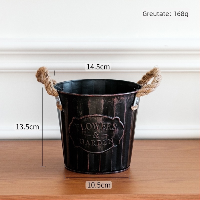 Ghiveci metalic, stil american vintage, cu sfoară de cânepă, dungi verticale, mic ghiveci cilindric pentru balcon și birou, ghiveci pentru suculente, coș decorativ din fier pentru depozitare