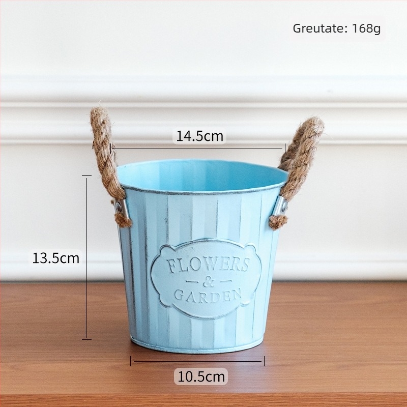 Ghiveci metalic, stil american vintage, cu sfoară de cânepă, dungi verticale, mic ghiveci cilindric pentru balcon și birou, ghiveci pentru suculente, coș decorativ din fier pentru depozitare