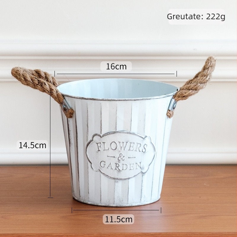 Ghiveci metalic, stil american vintage, cu sfoară de cânepă, dungi verticale, mic ghiveci cilindric pentru balcon și birou, ghiveci pentru suculente, coș decorativ din fier pentru depozitare