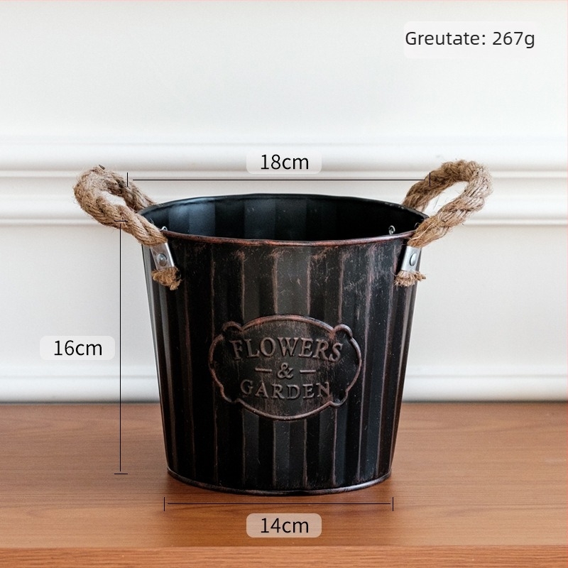 Ghiveci metalic, stil american vintage, cu sfoară de cânepă, dungi verticale, mic ghiveci cilindric pentru balcon și birou, ghiveci pentru suculente, coș decorativ din fier pentru depozitare