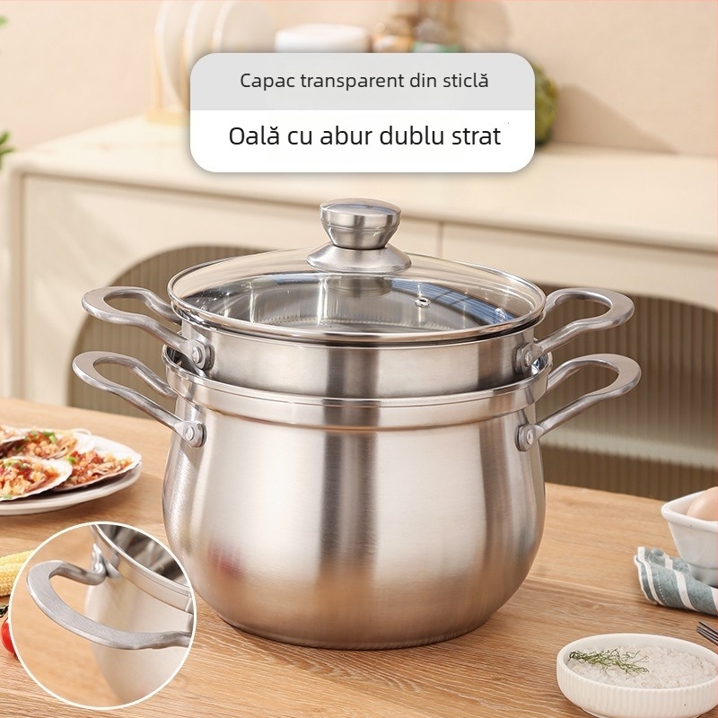 Oală dublă din oțel inoxidabil pentru abur, uz casnic, cu mâneri duble, oală de gătit abur pentru supe, compatibilă cu plite cu inducție și cu gaz, mare capacitate, design curbat
