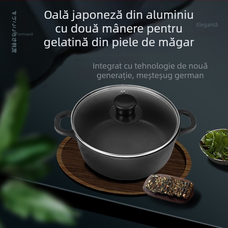 Set din aluminiu, stil japonez, pentru uz casnic — oală adâncă pentru supă cu două mânere, antiaderent, capac din sticlă
