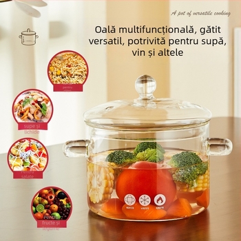 Oală de supă din sticlă cu capac, sticlă borosilikată, 1,1–2 L, potrivită pentru aragaz cu gaz