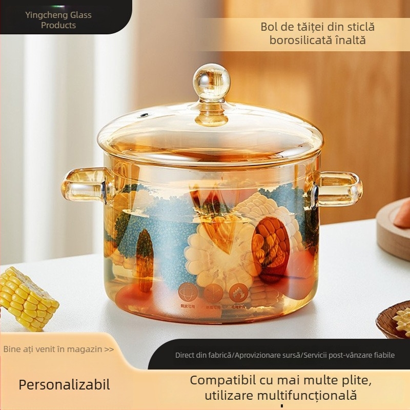 Oală de supă din sticlă cu capac, sticlă borosilikată, 1,1–2 L, potrivită pentru aragaz cu gaz