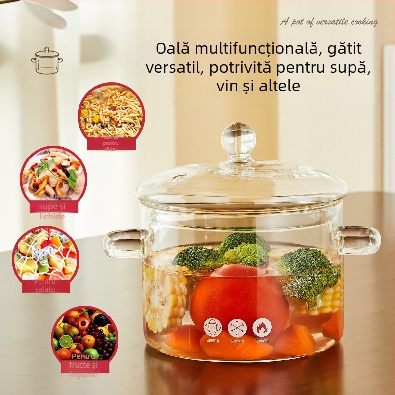 Oală de supă din sticlă cu capac, sticlă borosilikată, 1,1–2 L, potrivită pentru aragaz cu gaz