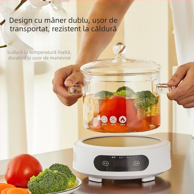 Oală de supă din sticlă cu capac, sticlă borosilikată, 1,1–2 L, potrivită pentru aragaz cu gaz