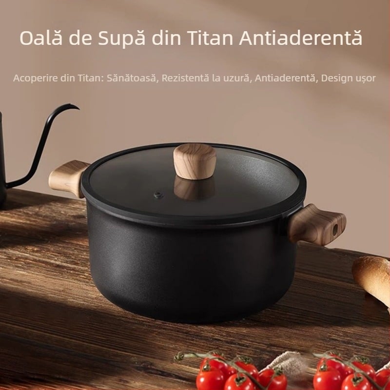Oală de supă din titan, antiaderentă, pentru aburire și înăbuire, cu două mâneri, compatibilă cu plita cu inducție sau gaz, 3,1–4 L