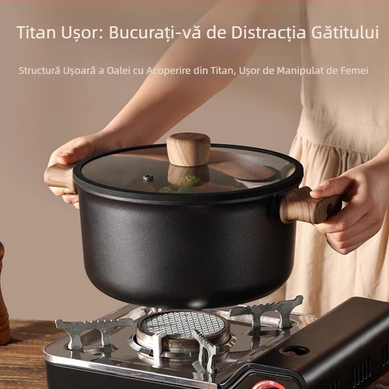 Oală de supă din titan, antiaderentă, pentru aburire și înăbuire, cu două mâneri, compatibilă cu plita cu inducție sau gaz, 3,1–4 L
