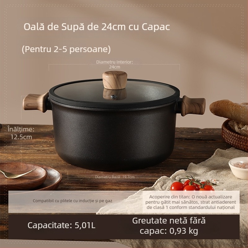 Oală de supă din titan, antiaderentă, pentru aburire și înăbuire, cu două mâneri, compatibilă cu plita cu inducție sau gaz, 3,1–4 L