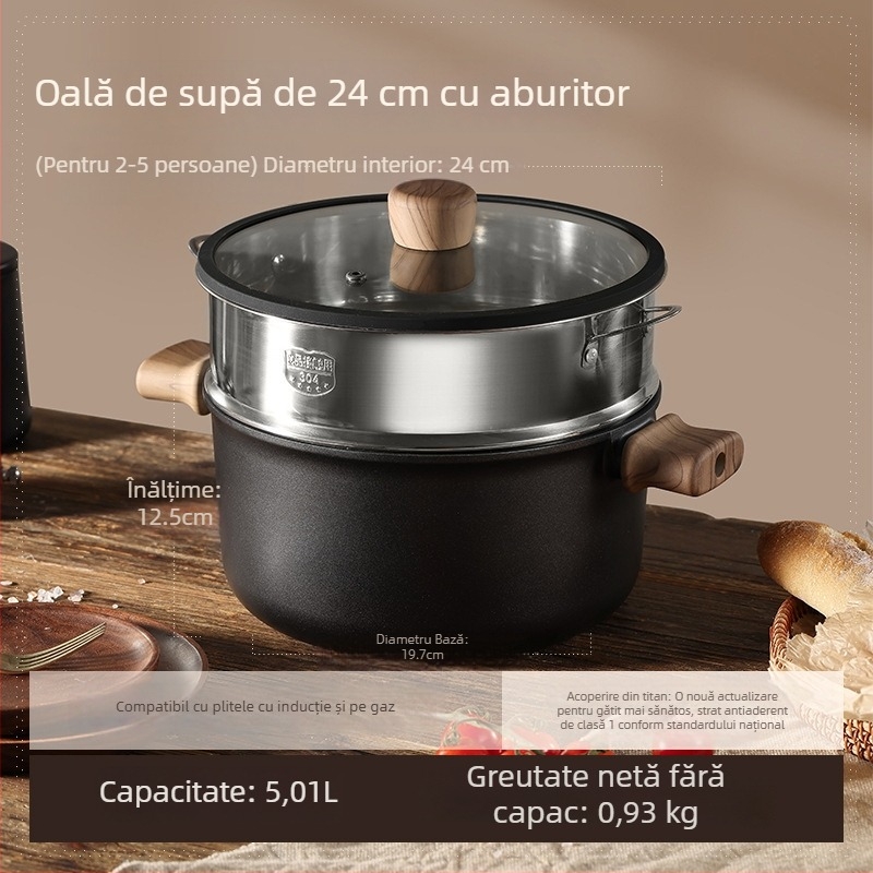Oală de supă din titan, antiaderentă, pentru aburire și înăbuire, cu două mâneri, compatibilă cu plita cu inducție sau gaz, 3,1–4 L