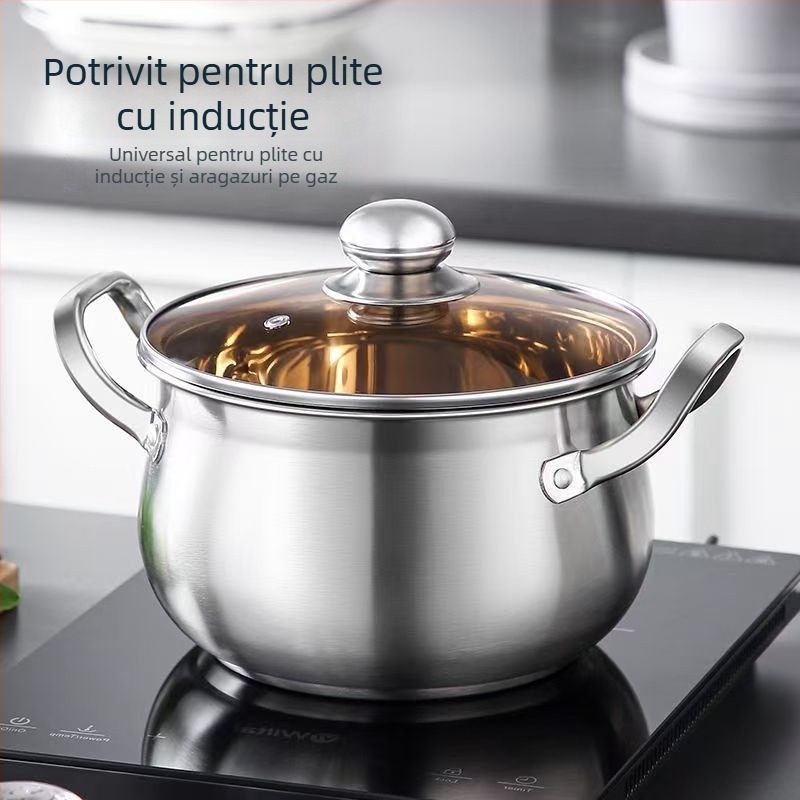 Oală din oțel inoxidabil îngroșat, în formă de măr, pentru uz casnic, 24 cm, capacitate mare pentru supe, paste și hot pot, compatibilă cu plite cu inducție și gaz