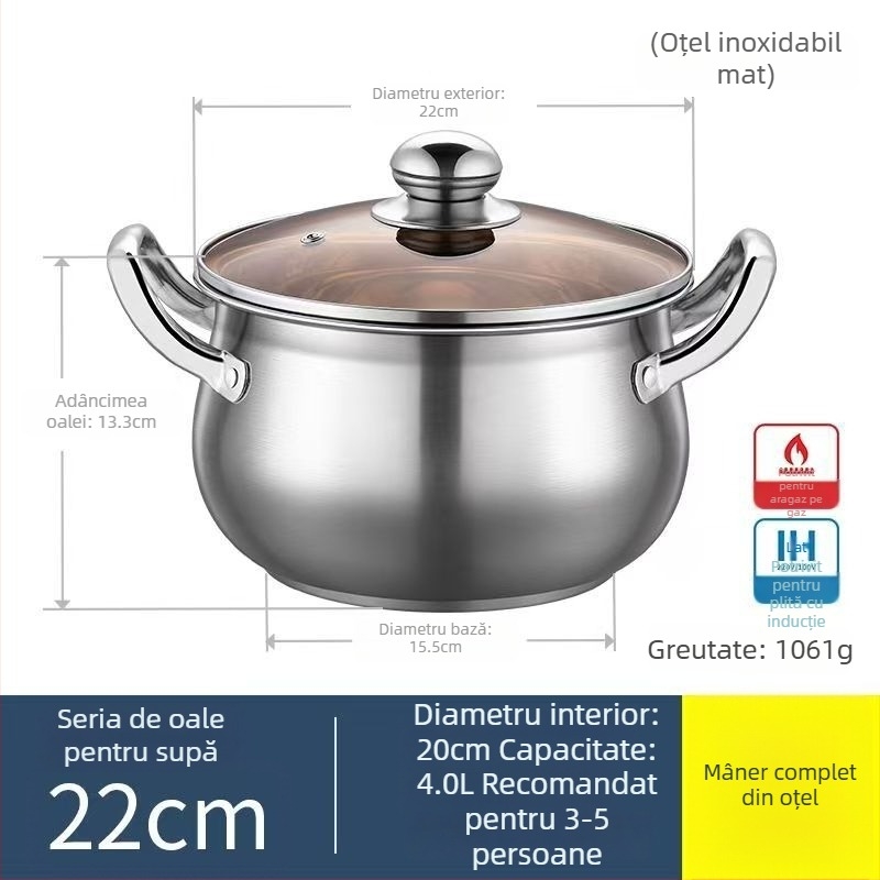 Oală din oțel inoxidabil îngroșat, în formă de măr, pentru uz casnic, 24 cm, capacitate mare pentru supe, paste și hot pot, compatibilă cu plite cu inducție și gaz