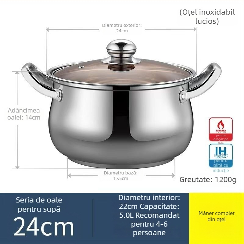 Oală din oțel inoxidabil îngroșat, în formă de măr, pentru uz casnic, 24 cm, capacitate mare pentru supe, paste și hot pot, compatibilă cu plite cu inducție și gaz