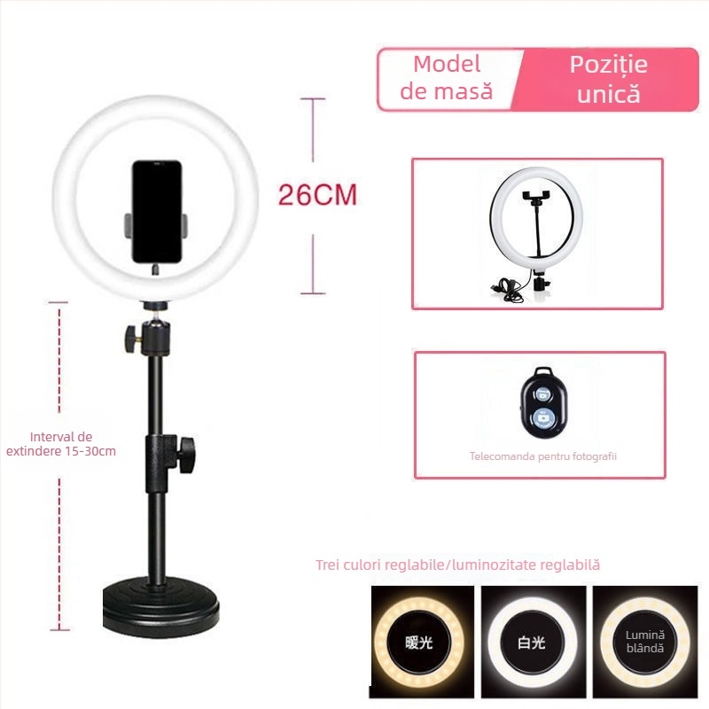 Suport pentru streaming pe telefon cu iluminare suplimentară, efecte de înfrumusețare și netezire a pielii, trepied de birou pentru fotografie, utilizare universală