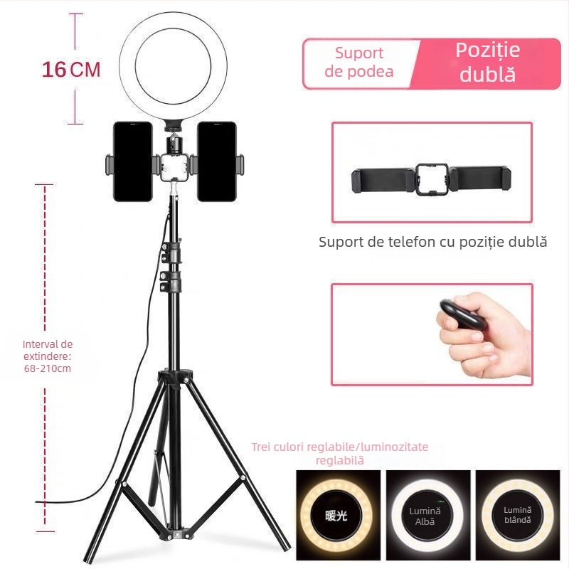 Suport pentru streaming pe telefon cu iluminare suplimentară, efecte de înfrumusețare și netezire a pielii, trepied de birou pentru fotografie, utilizare universală