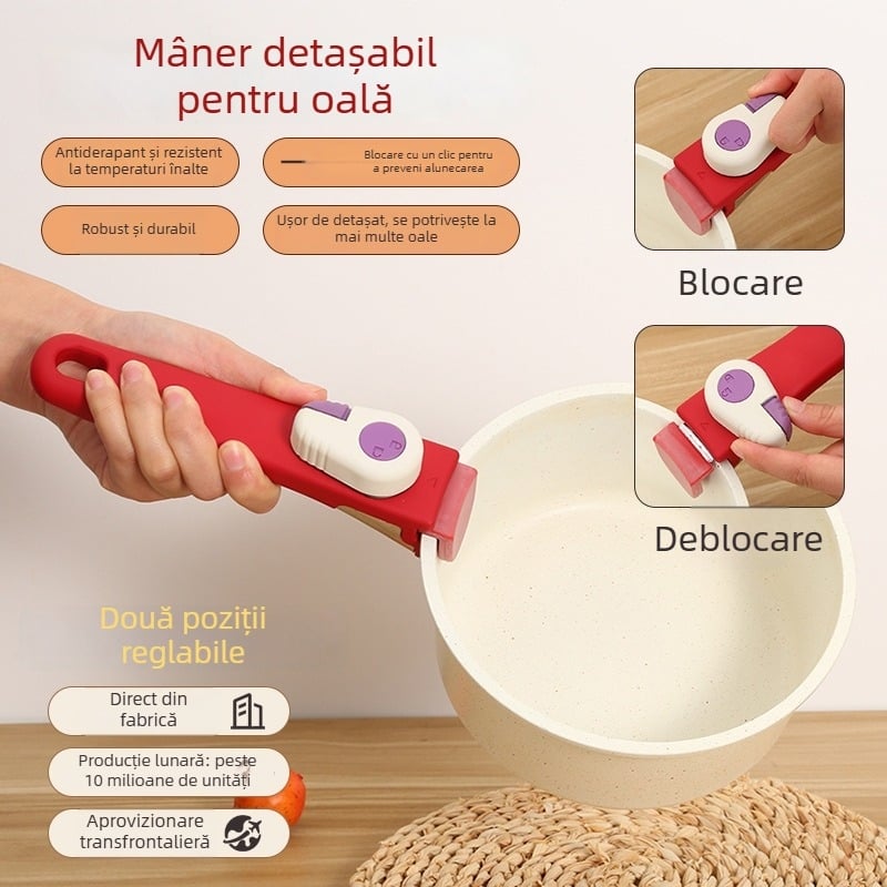 Mâner detașabil pentru oală, mâner universal cu design tip buton, rezistent la temperaturi înalte, antiderapant, protecție împotriva arsurilor, clips pentru mâner