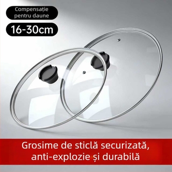 Capac din sticlă temperată pentru uz casnic, compatibil cu tigăi mari și mici și cu vasele de aburi, cu mâner, 30 cm/32 cm, capac transparent, poate sta în picioare