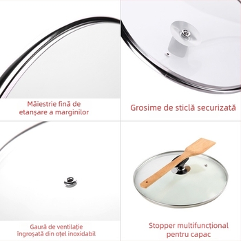 Capac din sticlă temperată pentru uz casnic, compatibil cu tigăi mari și mici și cu vasele de aburi, cu mâner, 30 cm/32 cm, capac transparent, poate sta în picioare