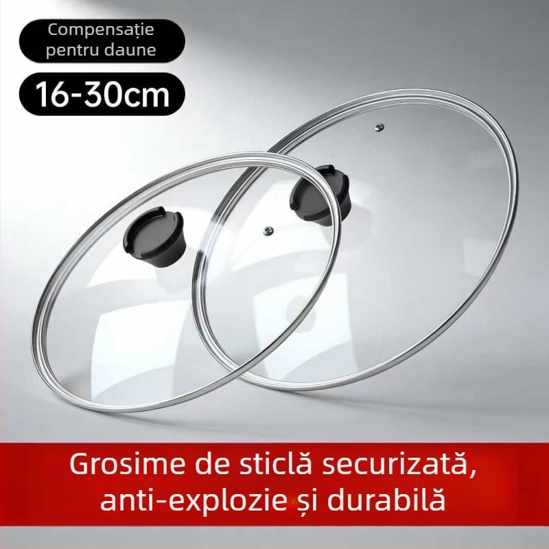 Capac din sticlă temperată pentru uz casnic, compatibil cu tigăi mari și mici și cu vasele de aburi, cu mâner, 30 cm/32 cm, capac transparent, poate sta în picioare