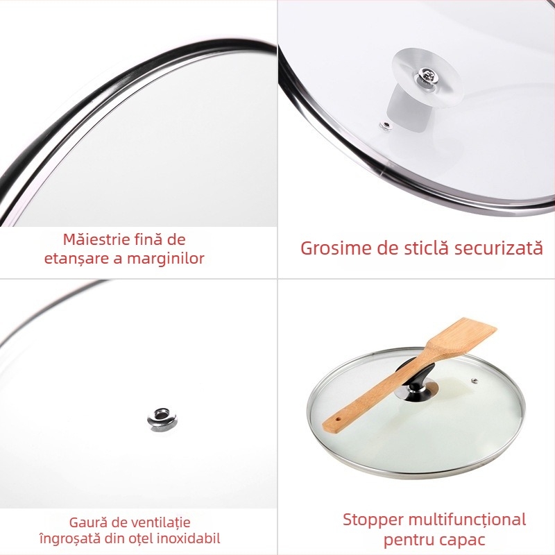 Capac din sticlă temperată pentru uz casnic, compatibil cu tigăi mari și mici și cu vasele de aburi, cu mâner, 30 cm/32 cm, capac transparent, poate sta în picioare