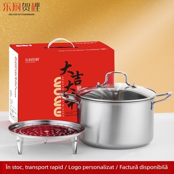 Oală de supă din oțel inoxidabil, stil european, cu abur, capacitate mare 3,1–4 L, mâneri duble, capac din sticlă, seria 400