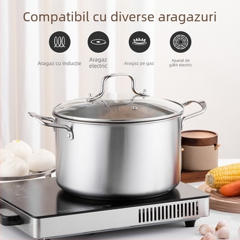 Oală de supă din oțel inoxidabil, stil european, cu abur, capacitate mare 3,1–4 L, mâneri duble, capac din sticlă, seria 400