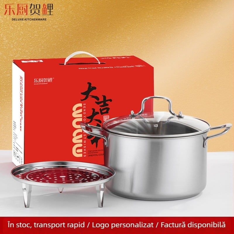 Oală de supă din oțel inoxidabil, stil european, cu abur, capacitate mare 3,1–4 L, mâneri duble, capac din sticlă, seria 400