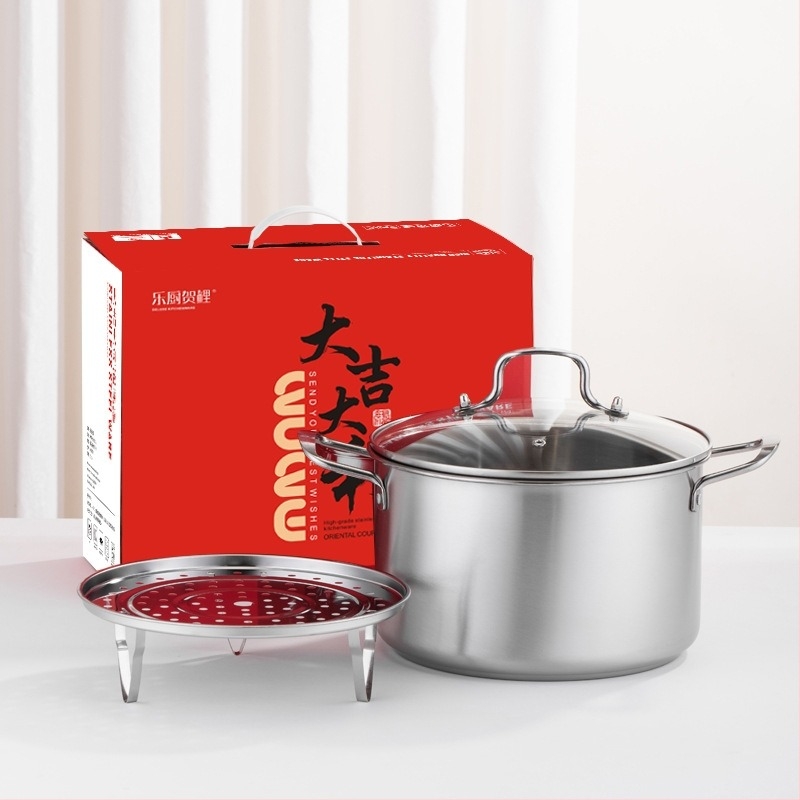 Oală de supă din oțel inoxidabil, stil european, cu abur, capacitate mare 3,1–4 L, mâneri duble, capac din sticlă, seria 400
