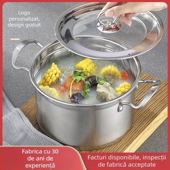 Oală de supă din oțel inoxidabil pentru uz casnic, pereți groși, capac de sticlă, design european în formă dreptunghiulară, dimensiuni 22/24/26 cm, capacitate 3,1–4 L