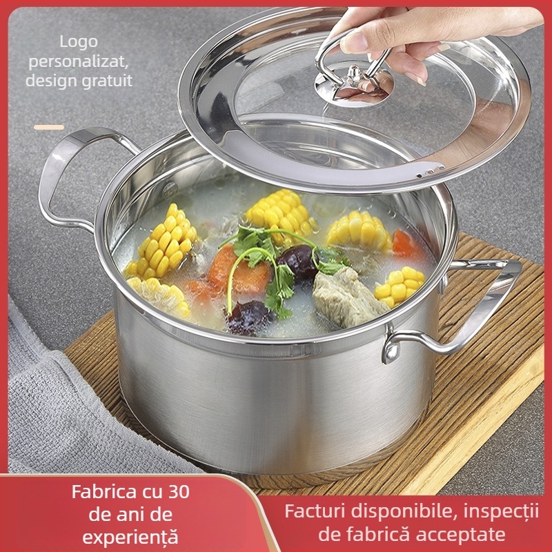 Oală de supă din oțel inoxidabil pentru uz casnic, pereți groși, capac de sticlă, design european în formă dreptunghiulară, dimensiuni 22/24/26 cm, capacitate 3,1–4 L