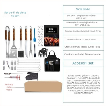 Set de unelte pentru grătar cu design lemnos, 41 de piese, accesorii pentru gril, ambalat într-o pungă de pânză