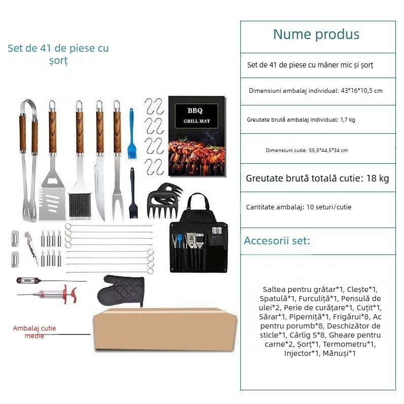 Set de unelte pentru grătar cu design lemnos, 41 de piese, accesorii pentru gril, ambalat într-o pungă de pânză