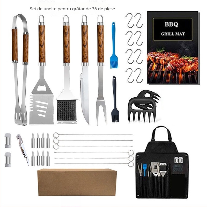 Set de unelte pentru grătar cu design lemnos, 41 de piese, accesorii pentru gril, ambalat într-o pungă de pânză