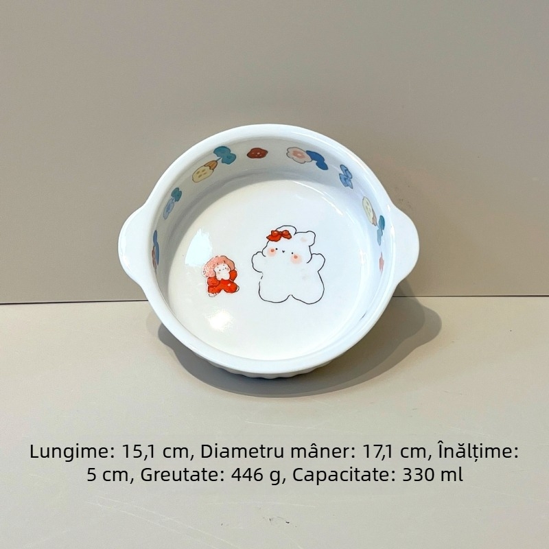 Vas ceramic compatibil cu friteuza cu aer, pentru microunde și cuptor, cu două mâneri, bol rotund pentru orez cu imprimeu iepuraș drăguț