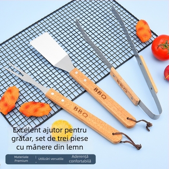 Set de unelte pentru grătar, mâner din lemn, din oțel inoxidabil, trei piese: furculiță, clește și spatulă