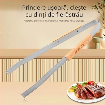 Set de unelte pentru grătar, mâner din lemn, din oțel inoxidabil, trei piese: furculiță, clește și spatulă