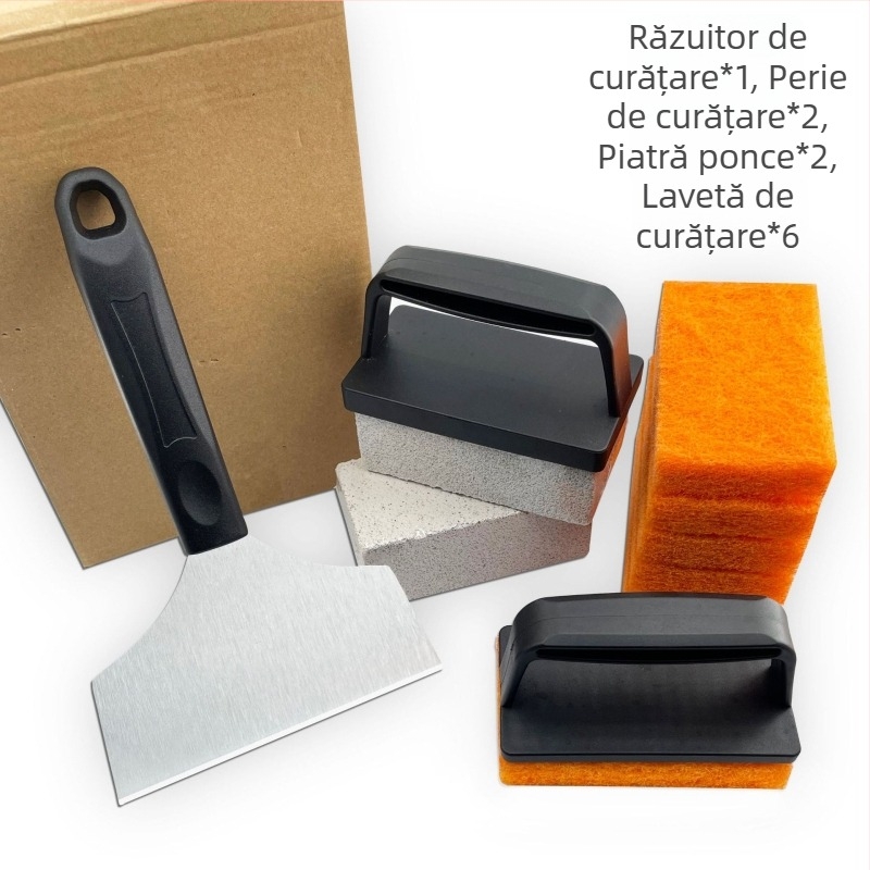 Set de unelte pentru curățarea grătarului, cu răzuitor, piatră ponce, burete de curățare, perie și lopățică de curățare a cuptorului