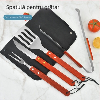 Set de unelte pentru grătar din oțel inoxidabil, mâner din lemn, 5 piese