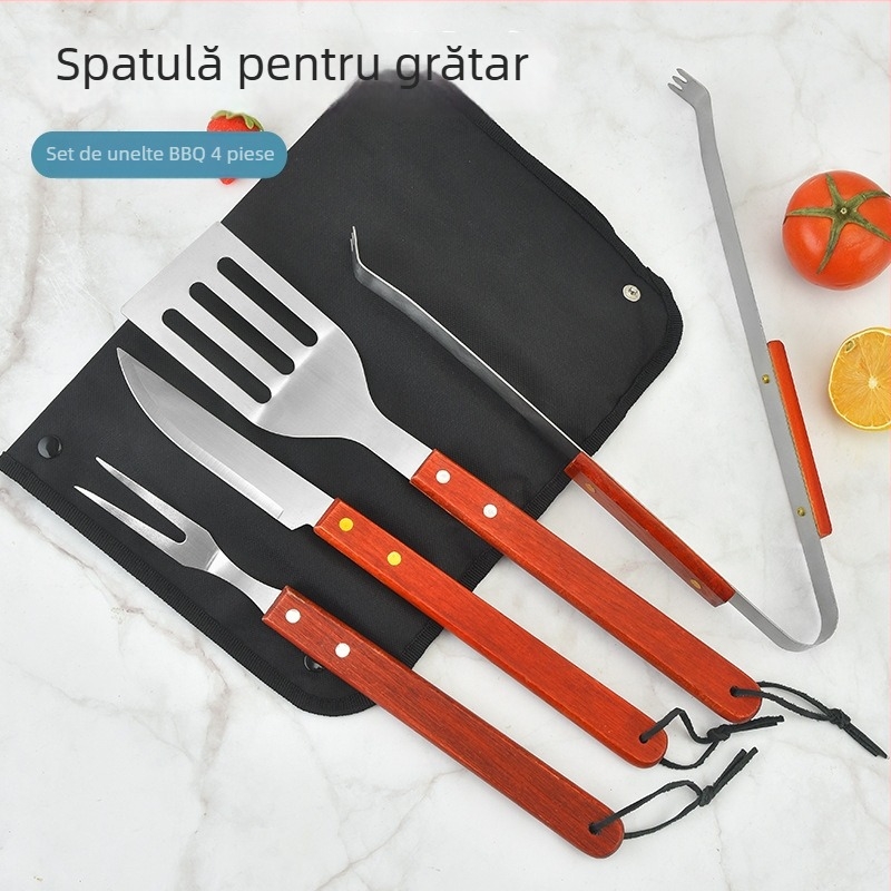 Set de unelte pentru grătar din oțel inoxidabil, mâner din lemn, 5 piese
