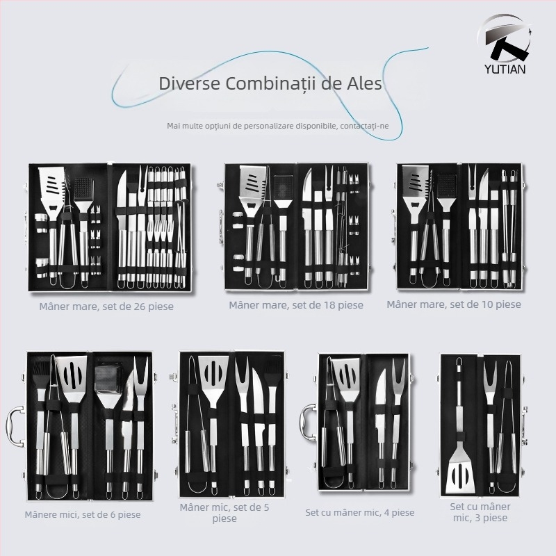 Set de șase unelte pentru grătar din oțel inoxidabil în cutie din aluminiu