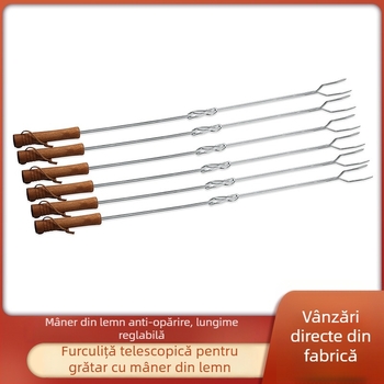 furculiță de grătar telescopică cu mâner din lemn, potrivită pentru carne de miel și porumb, mâner în formă de U