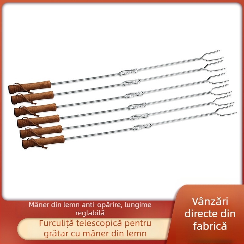 furculiță de grătar telescopică cu mâner din lemn, potrivită pentru carne de miel și porumb, mâner în formă de U